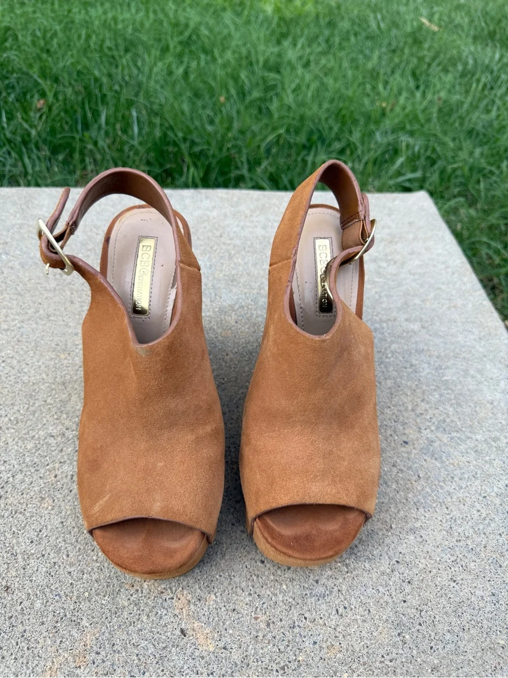 BCBGeneration Fader Tan Suede Peep Toe Platform Slingback Wedge Sandals Size 6M